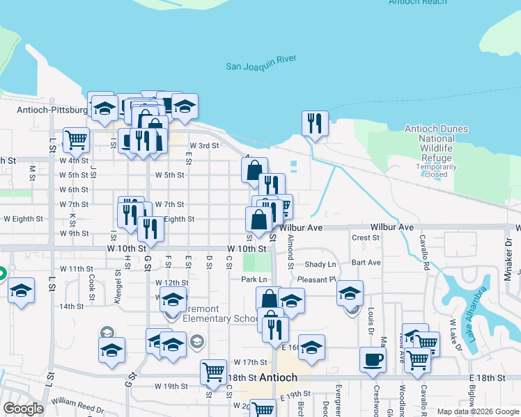 map of restaurants, bars, coffee shops, grocery stores, and more near 9 West 7th Street in Antioch