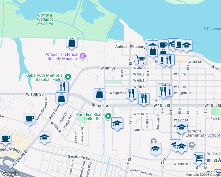map of restaurants, bars, coffee shops, grocery stores, and more near 1309 West 7th Street in Antioch