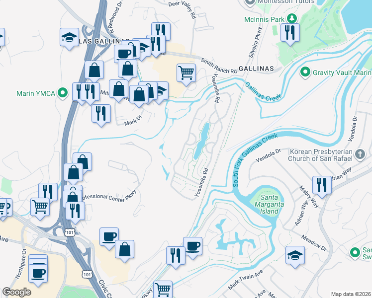 map of restaurants, bars, coffee shops, grocery stores, and more near 37 Yosemite Road in San Rafael