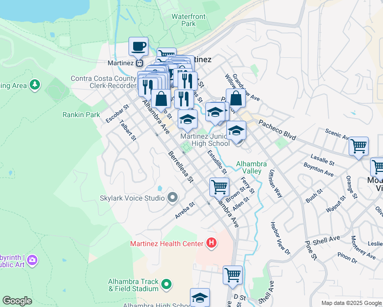 map of restaurants, bars, coffee shops, grocery stores, and more near 1301 Alhambra Avenue in Martinez