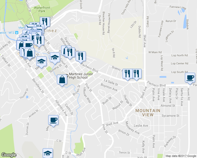 map of restaurants, bars, coffee shops, grocery stores, and more near 1900 La Salle Street in Martinez