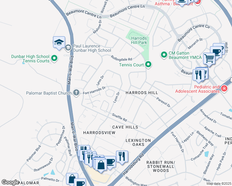 map of restaurants, bars, coffee shops, grocery stores, and more near 3406 Lyon Drive in Lexington
