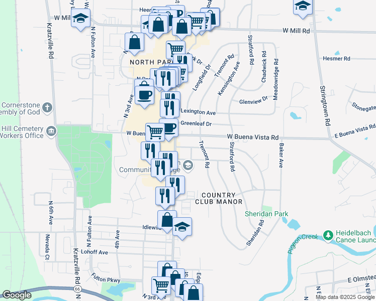 map of restaurants, bars, coffee shops, grocery stores, and more near 618 Sheridan Road in Evansville