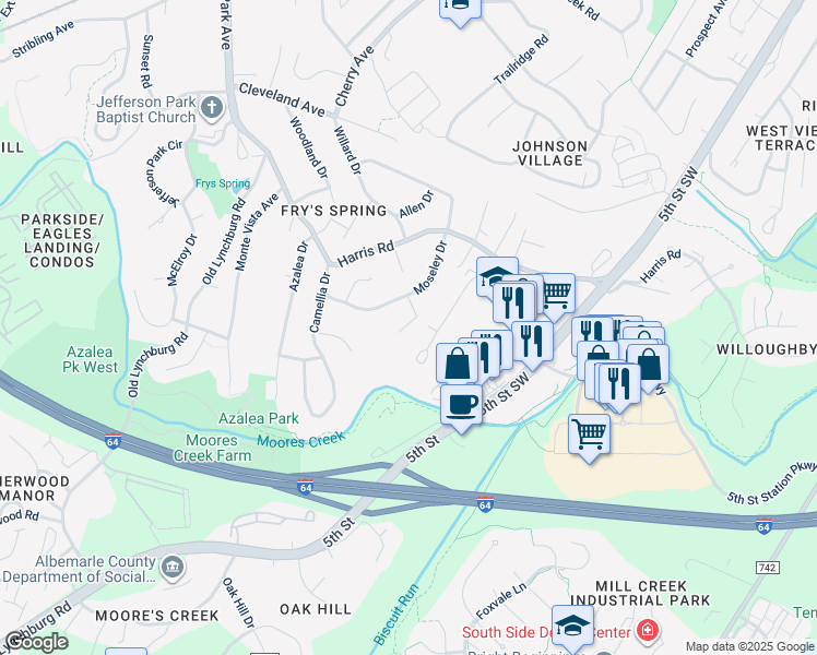 map of restaurants, bars, coffee shops, grocery stores, and more near 28 Keene Court in Charlottesville