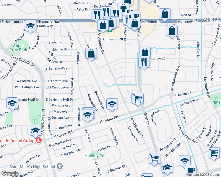 map of restaurants, bars, coffee shops, grocery stores, and more near 6688 Danny Drive in Stockton