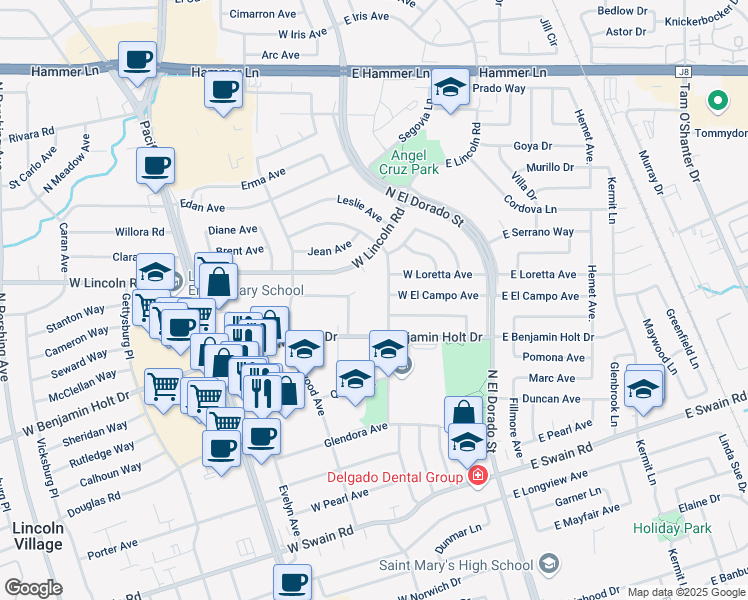 map of restaurants, bars, coffee shops, grocery stores, and more near 6605 Alturas Avenue in Stockton