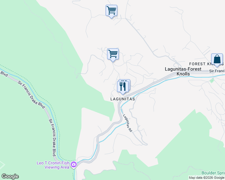 map of restaurants, bars, coffee shops, grocery stores, and more near 25 Redonda Avenue in Lagunitas-Forest Knolls