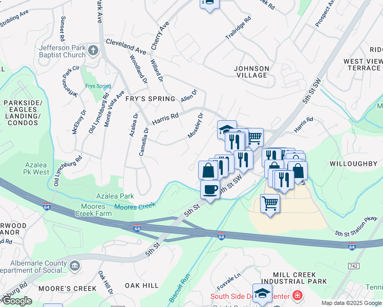 map of restaurants, bars, coffee shops, grocery stores, and more near 28 Keene Court in Charlottesville