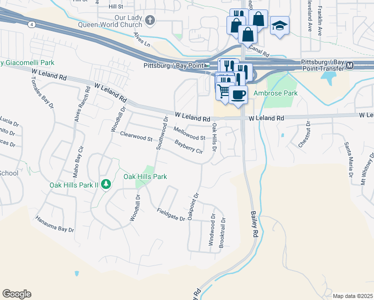 map of restaurants, bars, coffee shops, grocery stores, and more near 2250 Bayberry Circle in Pittsburg