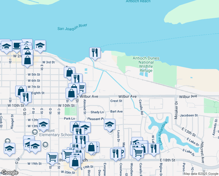 map of restaurants, bars, coffee shops, grocery stores, and more near 203-215 Wilbur Avenue in Antioch