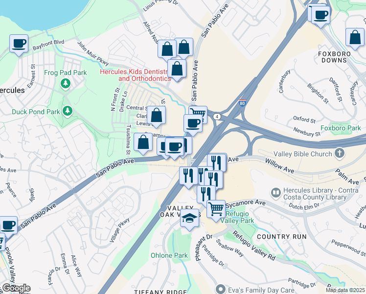 map of restaurants, bars, coffee shops, grocery stores, and more near in Hercules