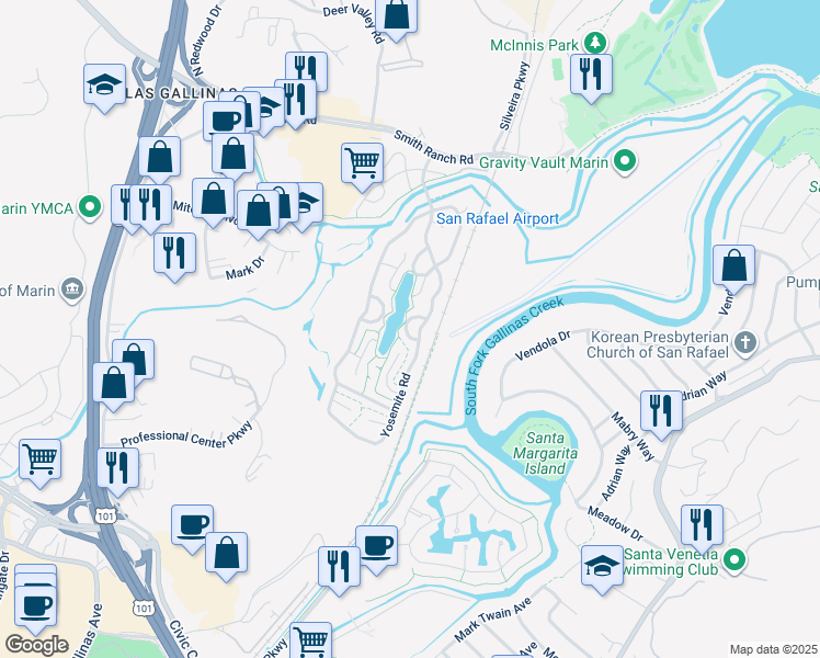 map of restaurants, bars, coffee shops, grocery stores, and more near 372 Glacier Way in San Rafael