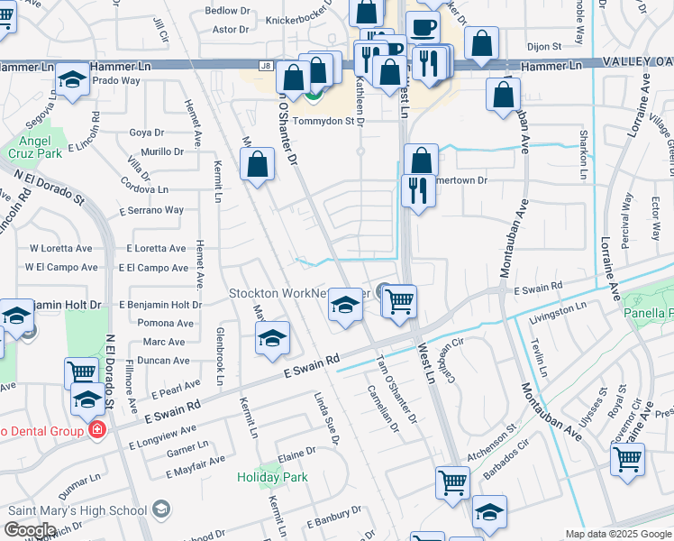 map of restaurants, bars, coffee shops, grocery stores, and more near 6505 Tam O'Shanter Drive in Stockton
