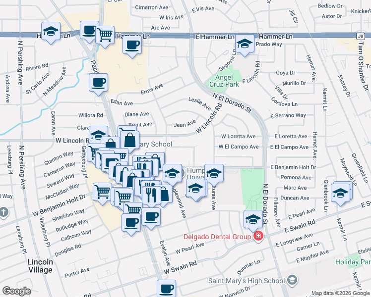 map of restaurants, bars, coffee shops, grocery stores, and more near 324 Felton Way in Stockton