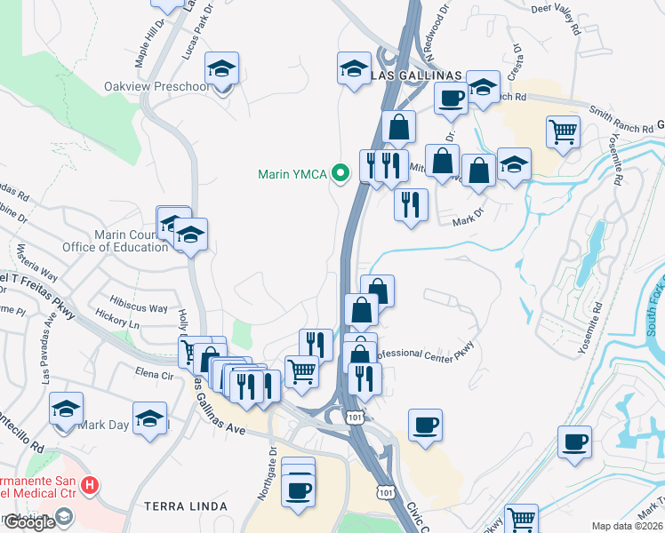 map of restaurants, bars, coffee shops, grocery stores, and more near 1076 Los Gamos Drive in San Rafael