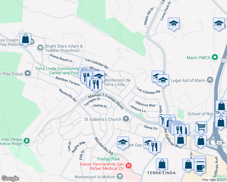 map of restaurants, bars, coffee shops, grocery stores, and more near 522 Wisteria Way in San Rafael