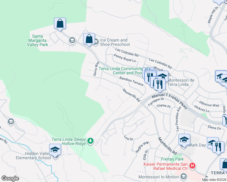 map of restaurants, bars, coffee shops, grocery stores, and more near 740 Birchwood Court in San Rafael