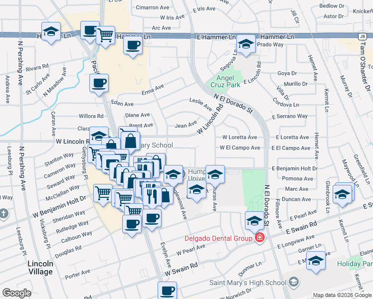 map of restaurants, bars, coffee shops, grocery stores, and more near 324 Felton Way in Stockton
