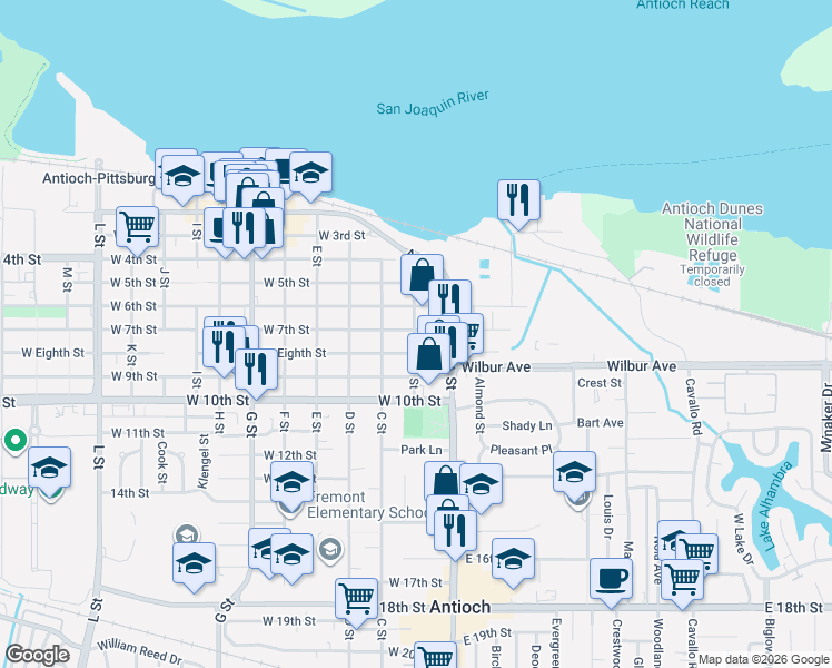 map of restaurants, bars, coffee shops, grocery stores, and more near 709 B Street in Antioch
