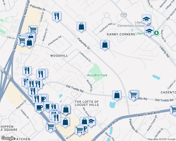 map of restaurants, bars, coffee shops, grocery stores, and more near 308 Driftwood Place in Lexington
