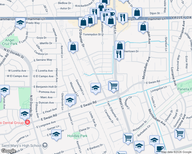 map of restaurants, bars, coffee shops, grocery stores, and more near 6505 Tam O'Shanter Drive in Stockton