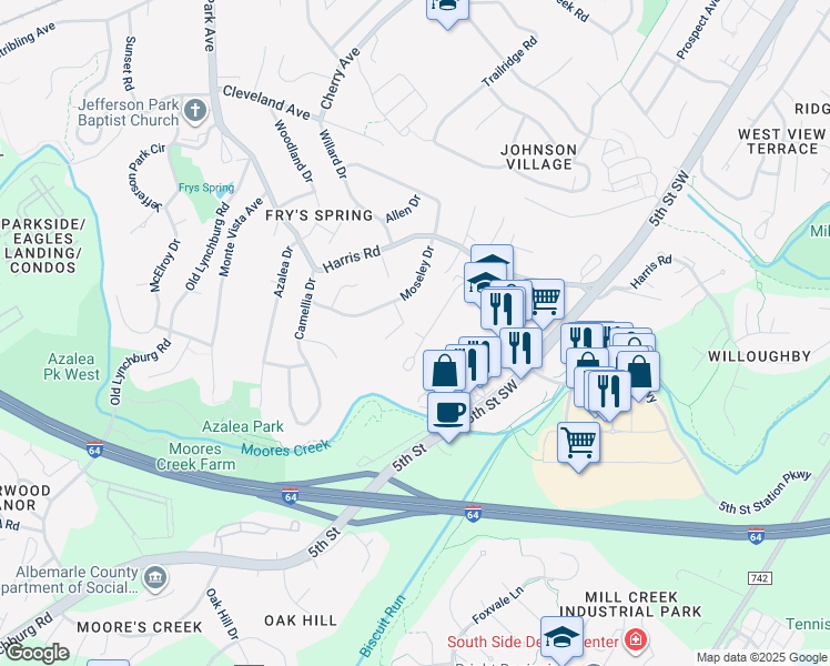 map of restaurants, bars, coffee shops, grocery stores, and more near Flint Drive in Charlottesville