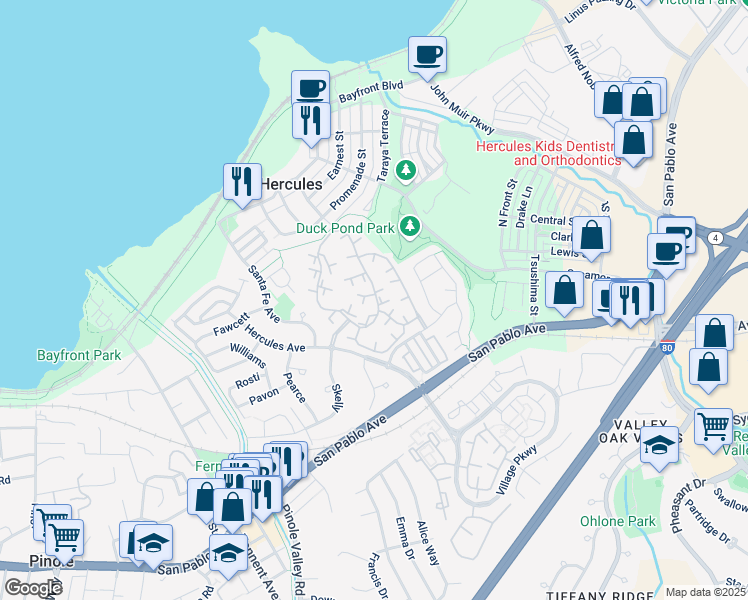 map of restaurants, bars, coffee shops, grocery stores, and more near 407 Olympus in Hercules