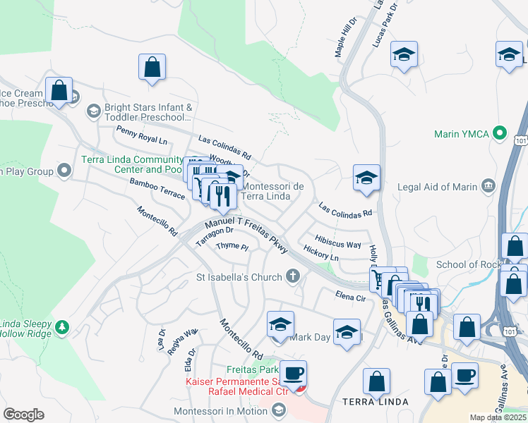 map of restaurants, bars, coffee shops, grocery stores, and more near 522 Wisteria Way in San Rafael