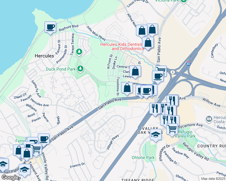 map of restaurants, bars, coffee shops, grocery stores, and more near 118 Rocky Pointe Court in Hercules