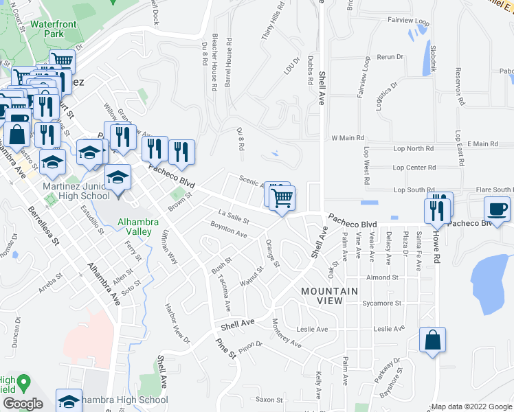 map of restaurants, bars, coffee shops, grocery stores, and more near 2110 Pacheco Boulevard in Martinez