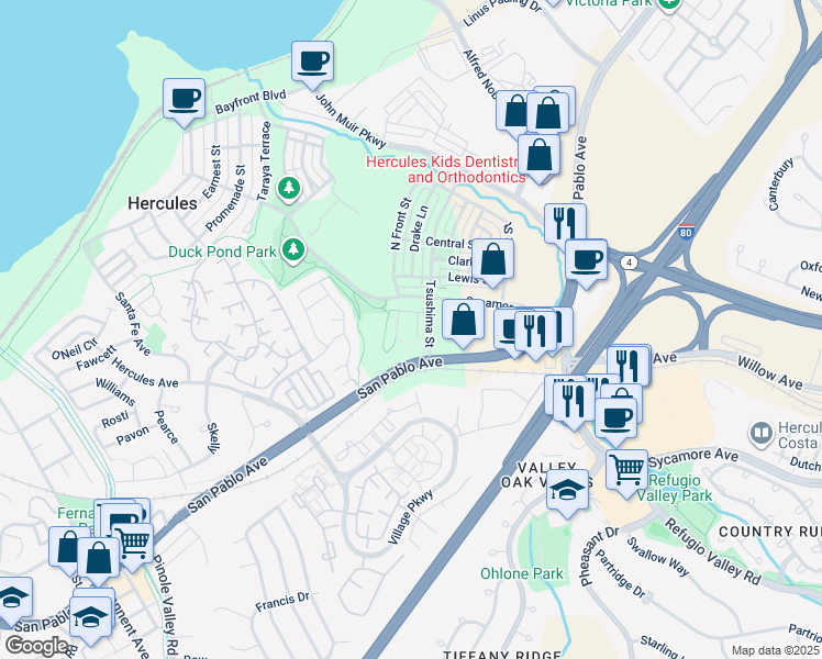 map of restaurants, bars, coffee shops, grocery stores, and more near 118 Rocky Pointe Court in Hercules