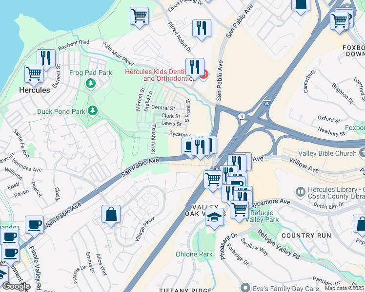map of restaurants, bars, coffee shops, grocery stores, and more near 3700-3800 San Pablo Ave in Hercules