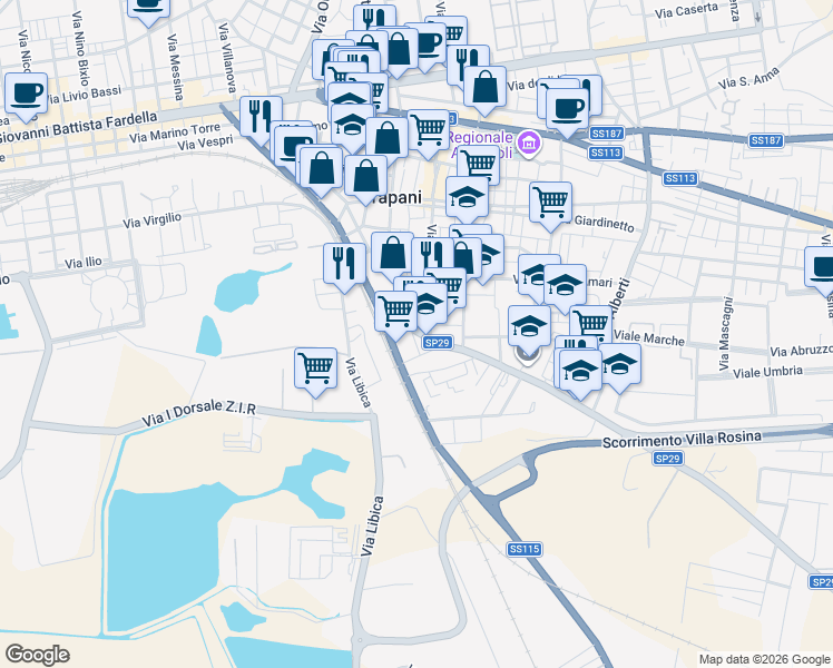 map of restaurants, bars, coffee shops, grocery stores, and more near 26 Via San Lorenzo in Trapani
