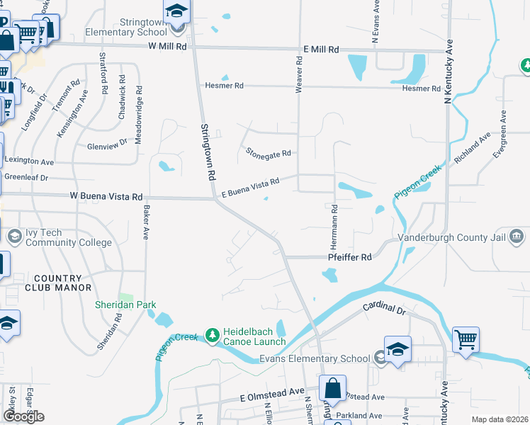 map of restaurants, bars, coffee shops, grocery stores, and more near 3755 Stringtown Road in Evansville