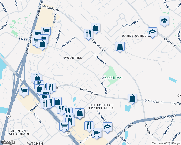 map of restaurants, bars, coffee shops, grocery stores, and more near 212 Tipchik Drive in Lexington