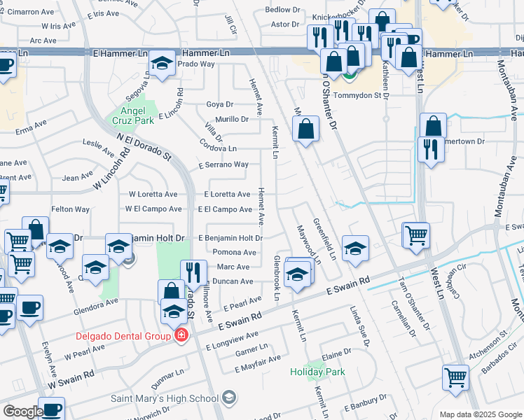 map of restaurants, bars, coffee shops, grocery stores, and more near 418 East El Campo Avenue in Stockton