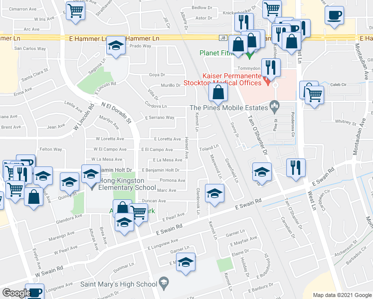 map of restaurants, bars, coffee shops, grocery stores, and more near 498 East El Campo Avenue in Stockton