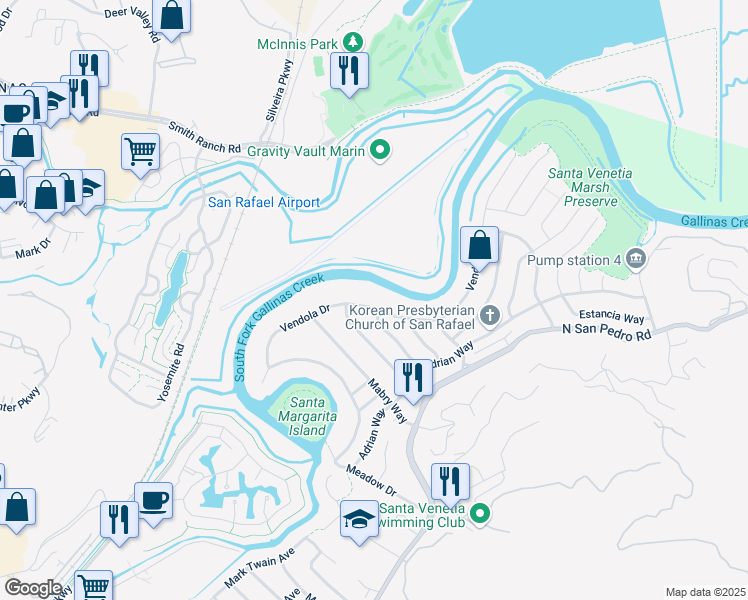 map of restaurants, bars, coffee shops, grocery stores, and more near 312 Vendola Drive in San Rafael