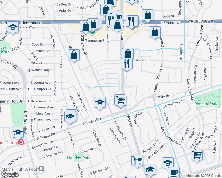 map of restaurants, bars, coffee shops, grocery stores, and more near 6465 West Lane in Stockton
