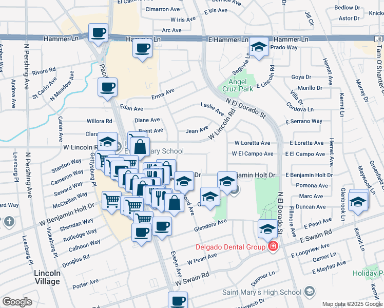 map of restaurants, bars, coffee shops, grocery stores, and more near 324 Felton Way in Stockton