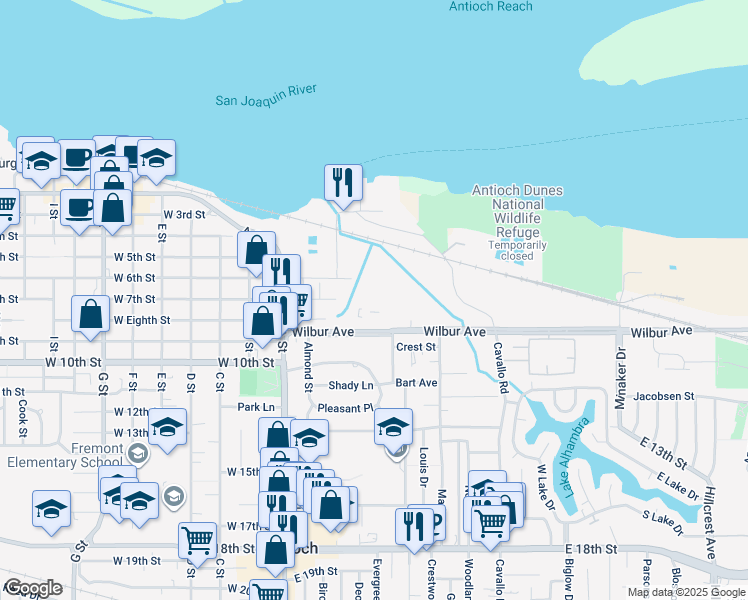 map of restaurants, bars, coffee shops, grocery stores, and more near 203-215 Wilbur Avenue in Antioch