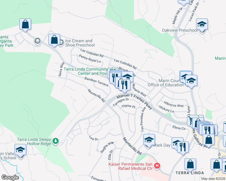 map of restaurants, bars, coffee shops, grocery stores, and more near 628 Bamboo Terrace in San Rafael