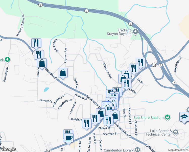 map of restaurants, bars, coffee shops, grocery stores, and more near 73 Palm Gardens Drive in Camdenton