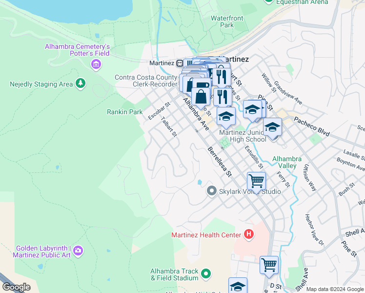 map of restaurants, bars, coffee shops, grocery stores, and more near 945 Talbart Street in Martinez