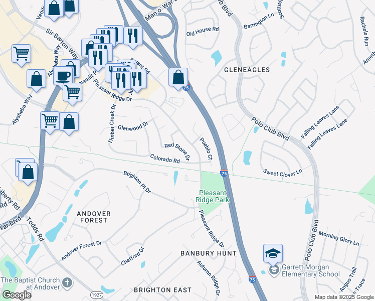 map of restaurants, bars, coffee shops, grocery stores, and more near 1161 Red Stone Drive in Lexington