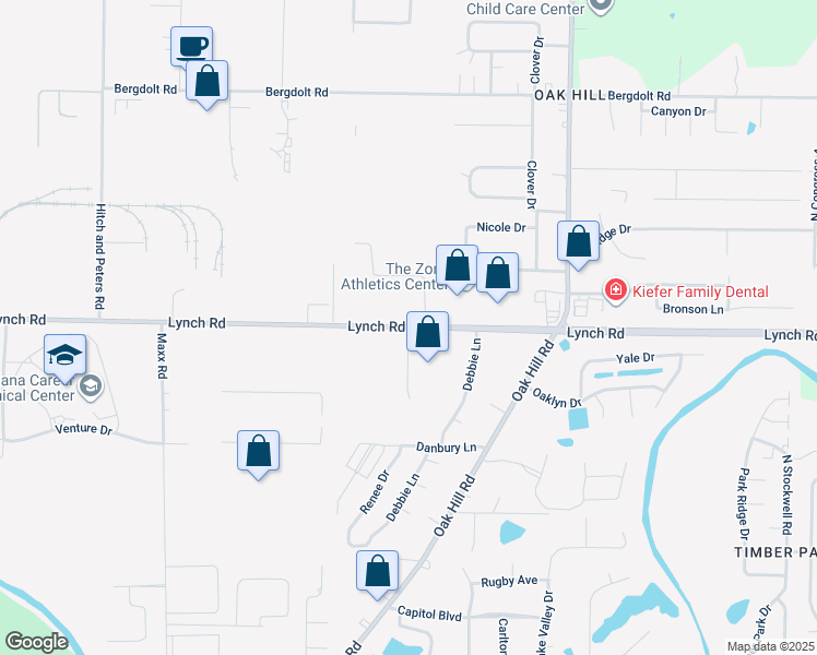 map of restaurants, bars, coffee shops, grocery stores, and more near Lynch Road in Evansville
