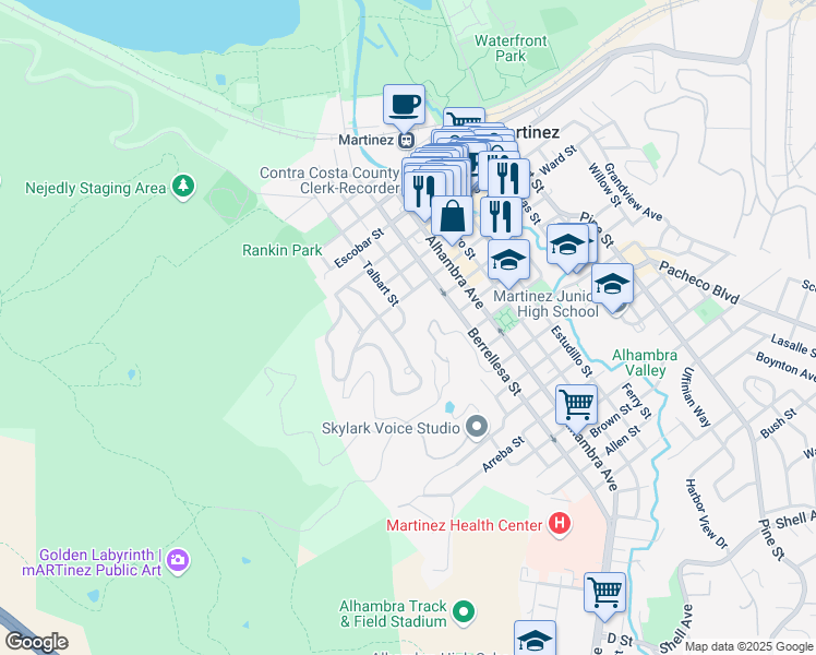 map of restaurants, bars, coffee shops, grocery stores, and more near 945 Talbart Street in Martinez