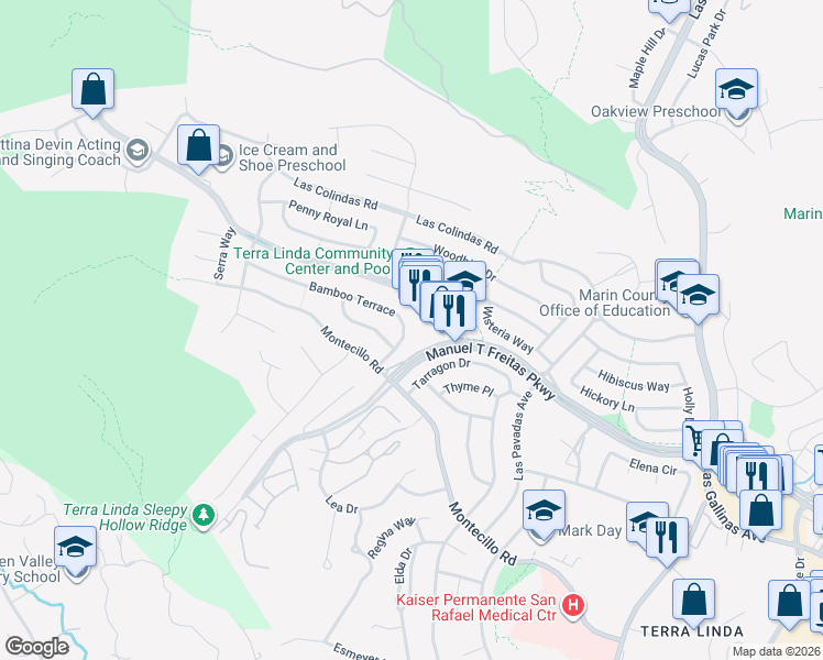 map of restaurants, bars, coffee shops, grocery stores, and more near 628 Bamboo Terrace in San Rafael