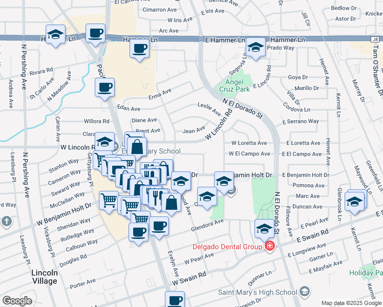 map of restaurants, bars, coffee shops, grocery stores, and more near 342 Felton Way in Stockton
