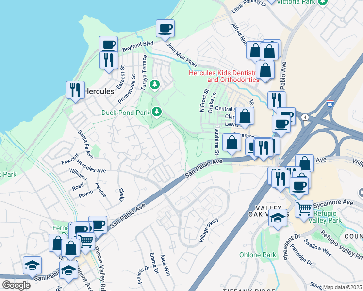 map of restaurants, bars, coffee shops, grocery stores, and more near 160 Overlook Terrace in Hercules